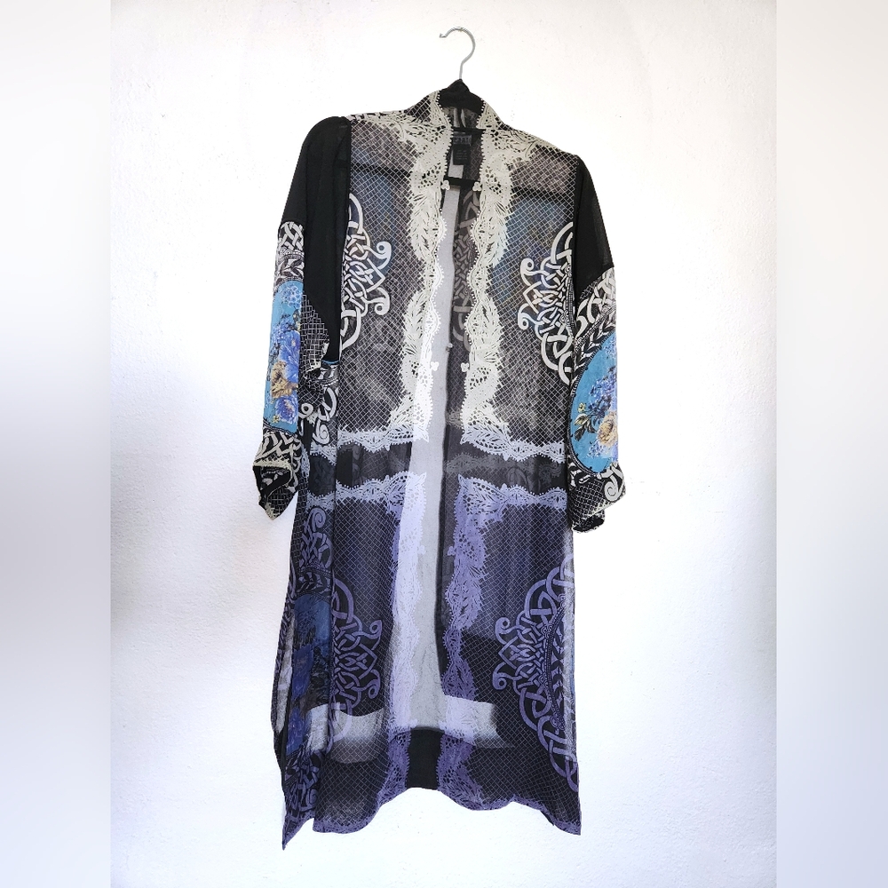 Citron Santa Monica 100% Silk Open Duster Kimono Multicolor Floral Sheer size L